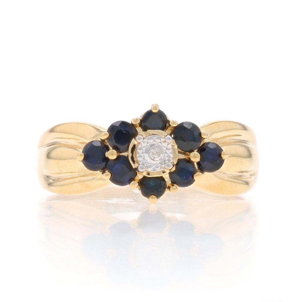 Yellow Gold Diamond Sapphire Cluster Halo Ring 14k Round Brilliant .96ctw